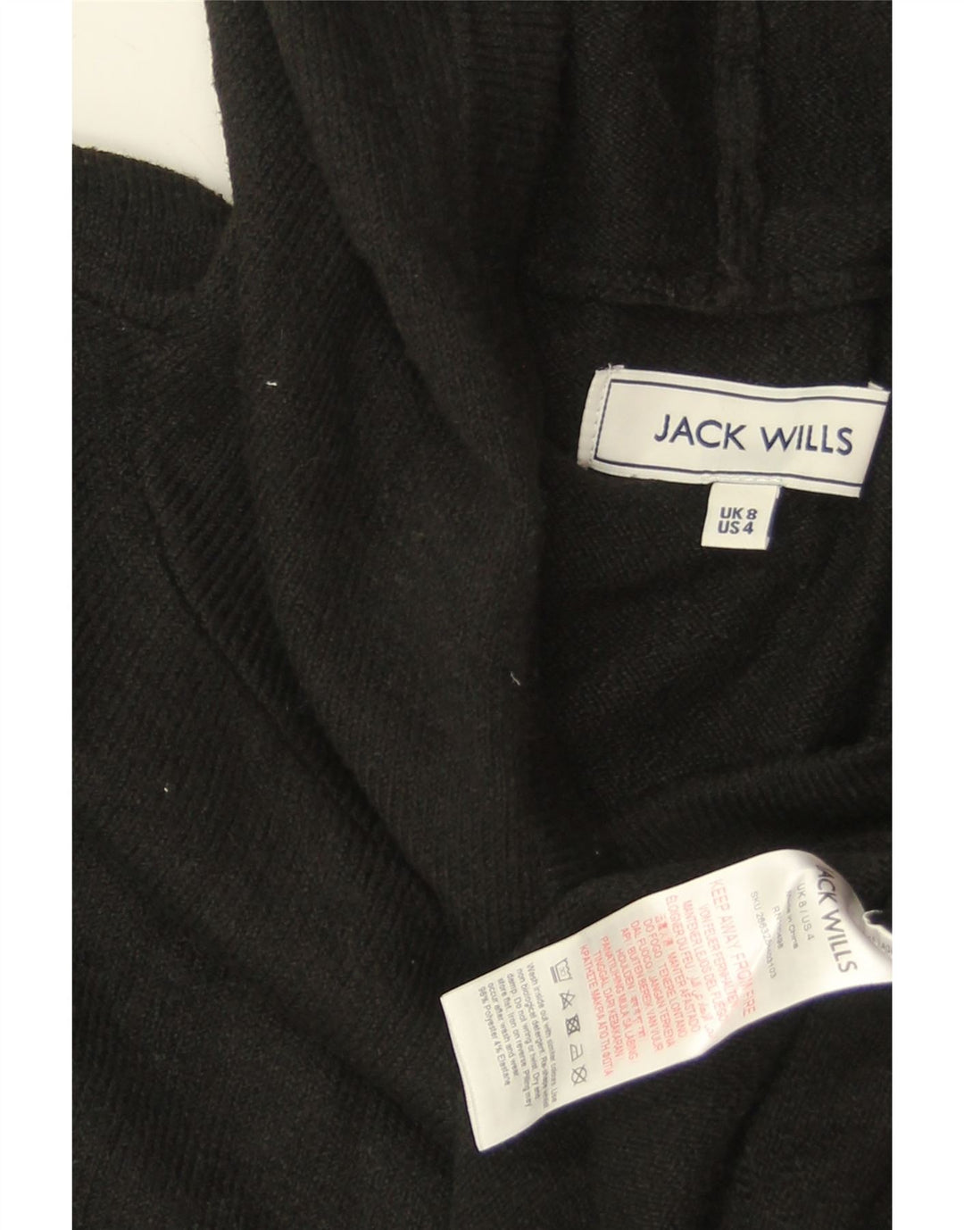 JACK WILLS maglione con cappuccio da donna UK 8 piccolo poliestere nero