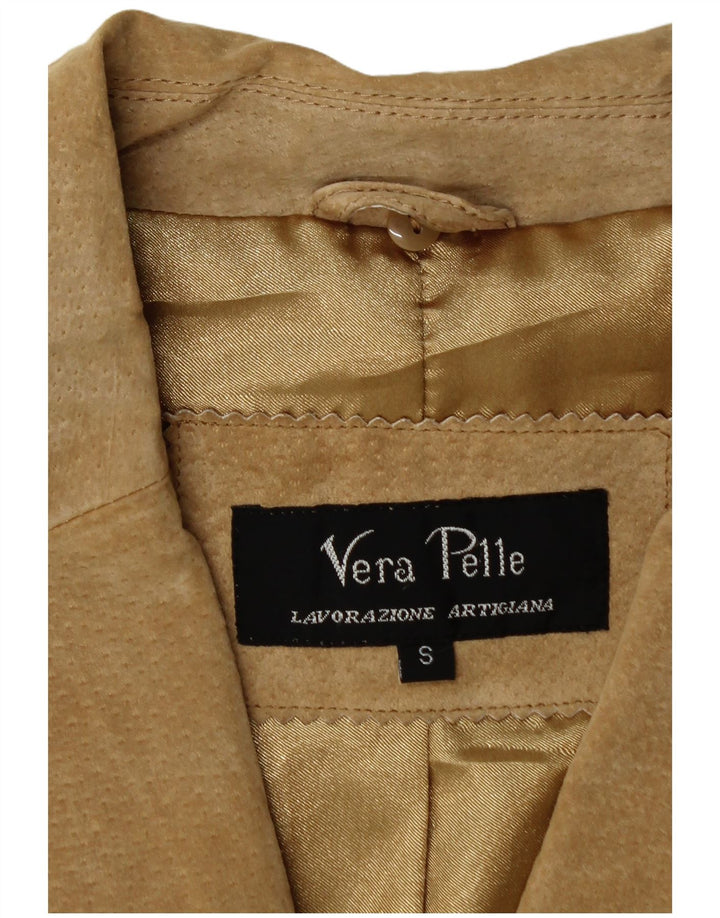 Giacca blazer vintage in pelle scamosciata a 2 bottoni da donna UK 10 piccola in pelle beige