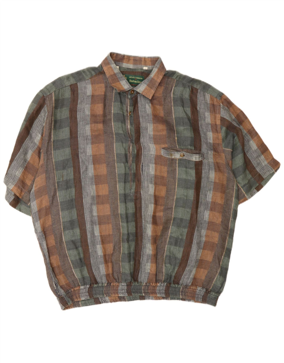 Camicia pullover a maniche corte da uomo vintage XL in lino a quadri multicolore