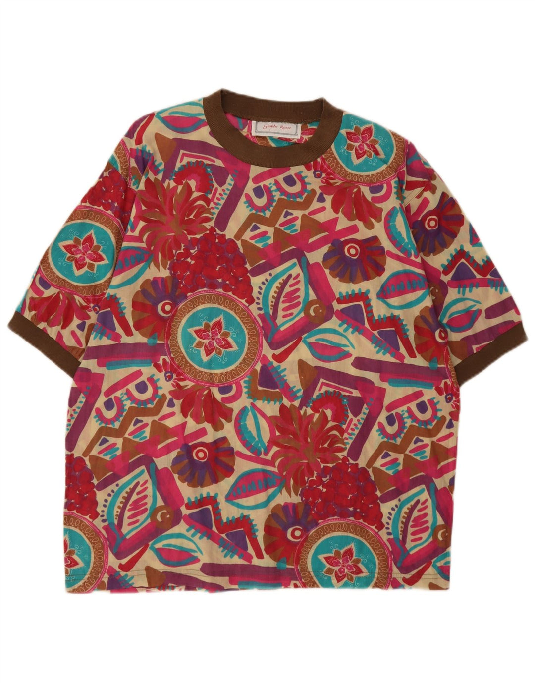 Top camicetta da donna vintage UK 16 grande motivo geometrico multicolore