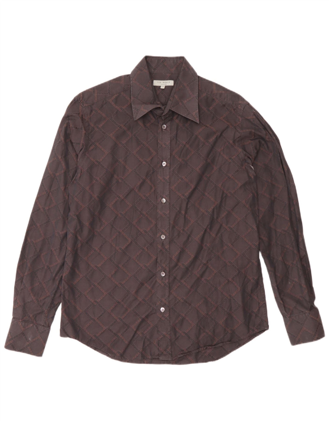 Camicia da uomo Ted Baker taglia 15 1/2 cotone geometrico marrone medio