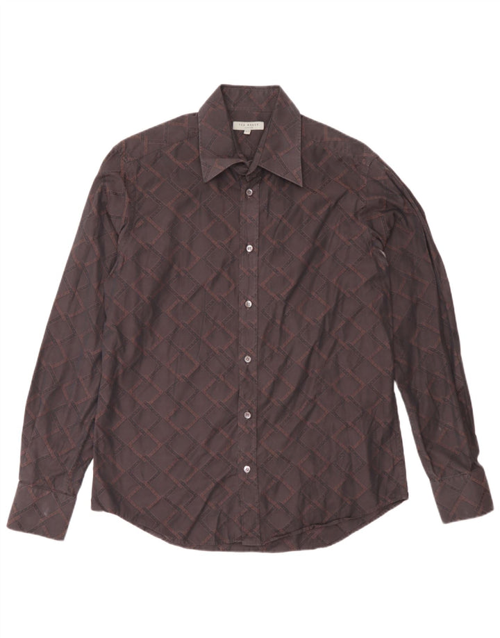Camicia da uomo Ted Baker taglia 15 1/2 cotone geometrico marrone medio