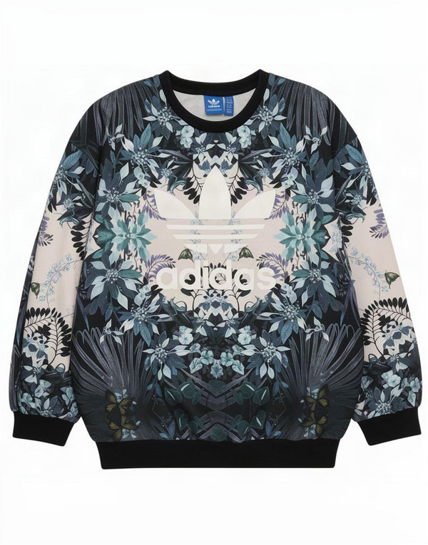 Adidas Womens Graphic Sweatshirt Jumper UK 14 Large Navy Blue Floral