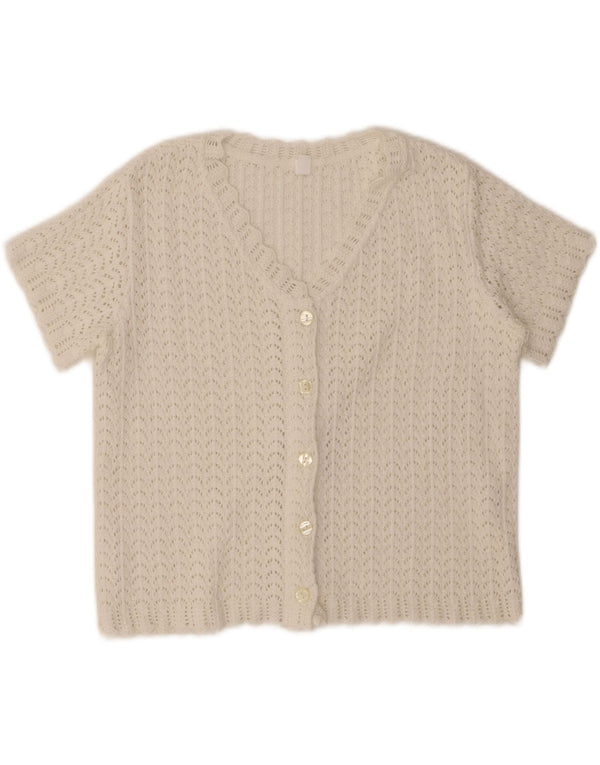 Vintage Womens Short Sleeve Crop Cardigan Sweater UK 16 Large White Cotton