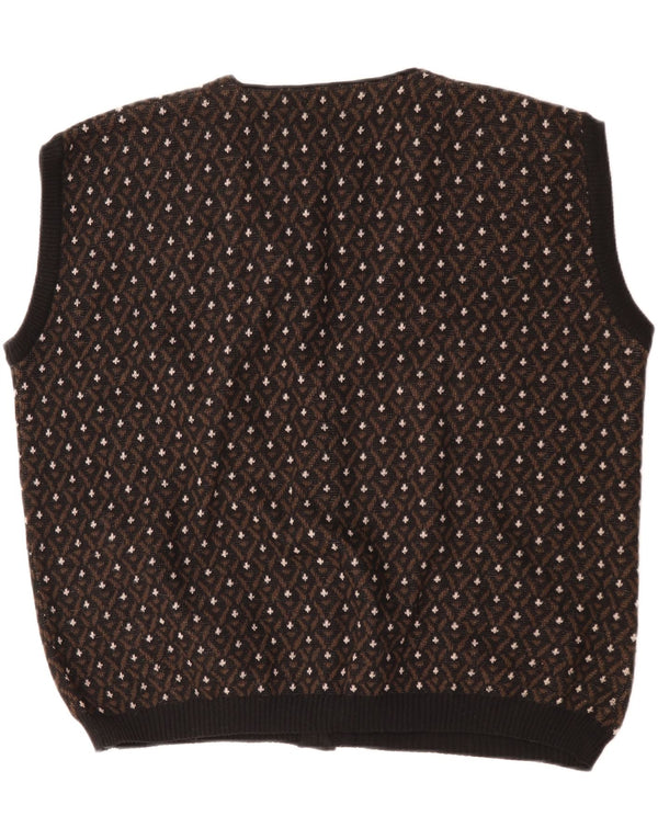 Vintage Mens Sleeveless Cardigan Sweater XL Brown Geometric Wool