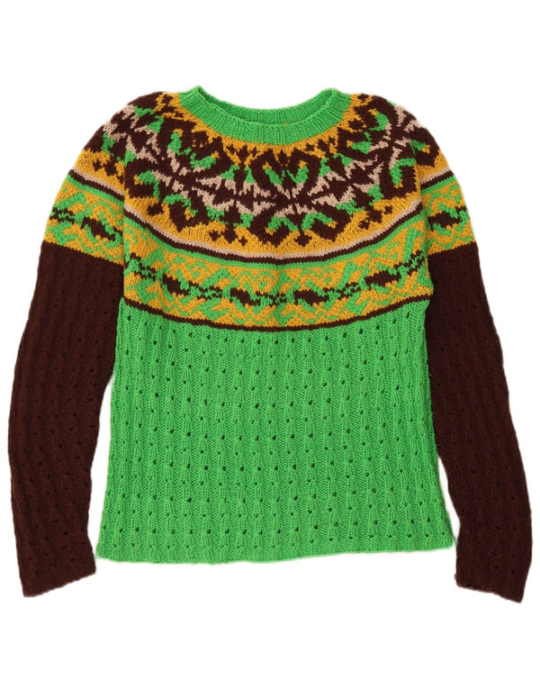 Maglione maglione con scollo a barca da donna VINTAGE UK 12 Verde medio Fair Isle