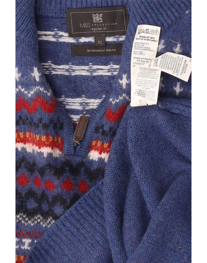 Maglione da uomo Marks & Spencer vestibilità regolare con zip e collo XL blu Fair Isle