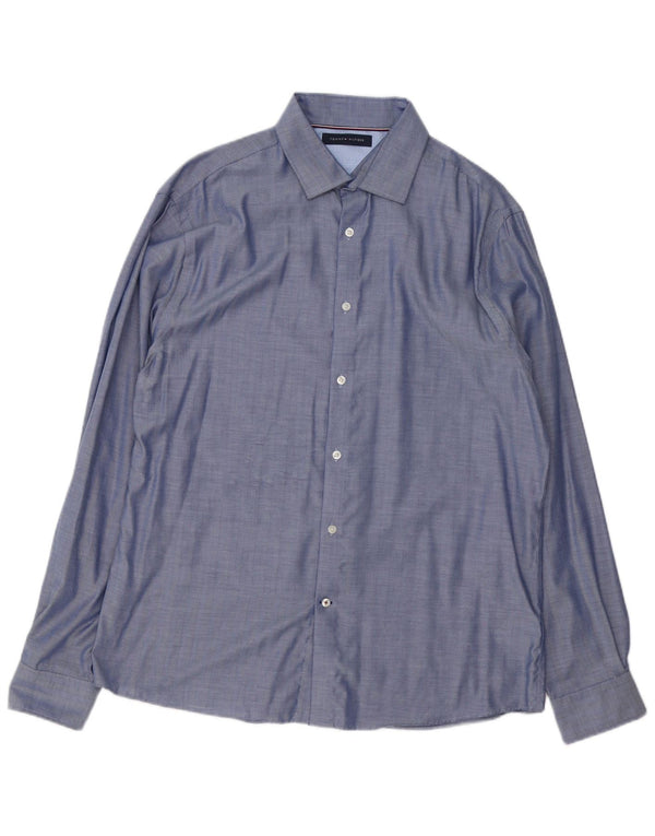 Camicia da uomo Tommy Hilfiger taglia 16 1/2 grande cotone a spina di pesce blu