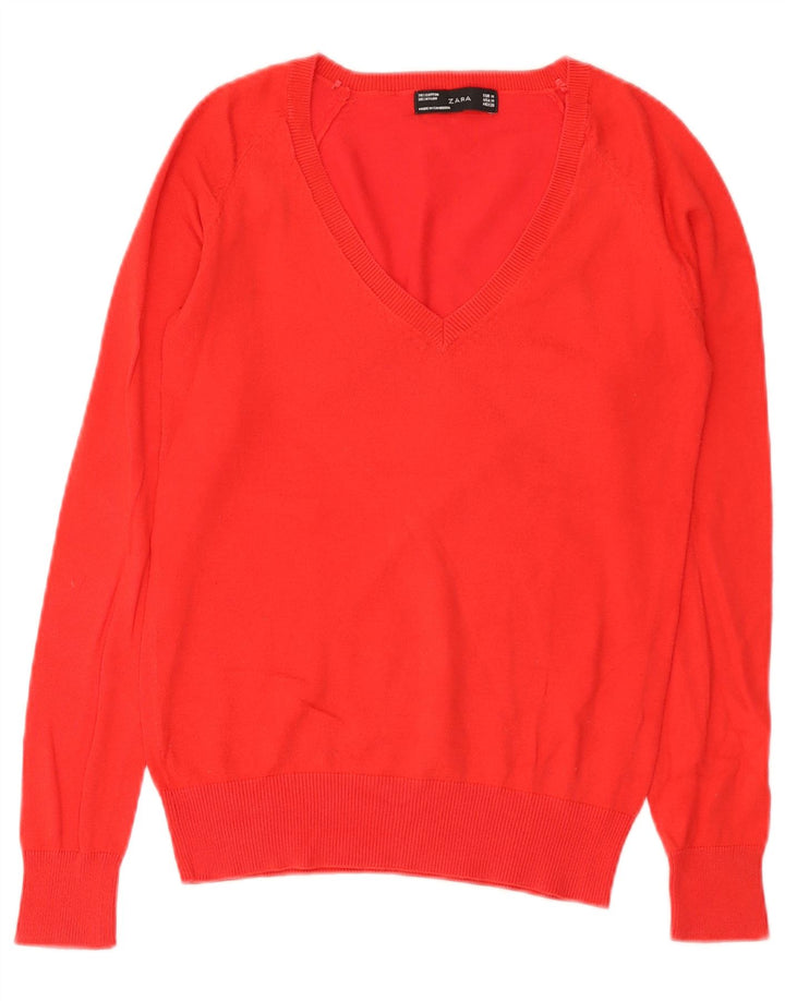 Maglione maglione con scollo a V da donna Zara UK 12 cotone rosso medio