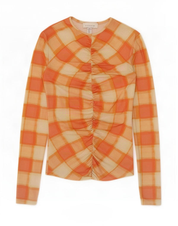 Topshop Top da donna a maniche lunghe UK 4/6 XS arancione a quadri in poliestere