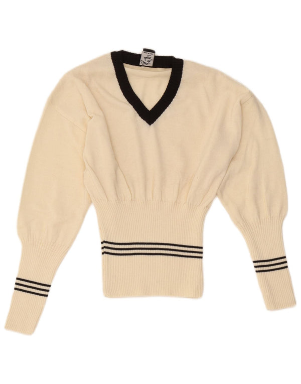 Maglione maglione vintage da donna con scollo a V UK 8 piccolo lana a righe bianco sporco