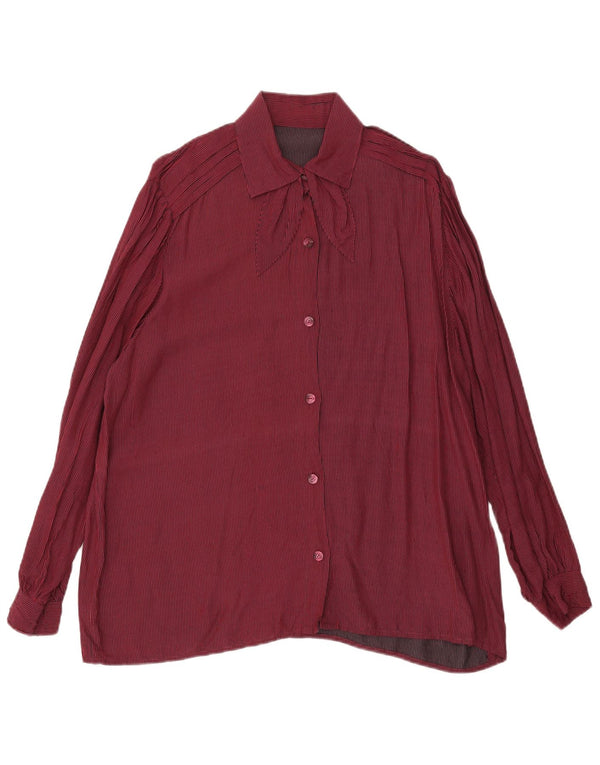 Camicia vintage da donna con cravatta sul davanti UK 16 grande gessato bordeaux
