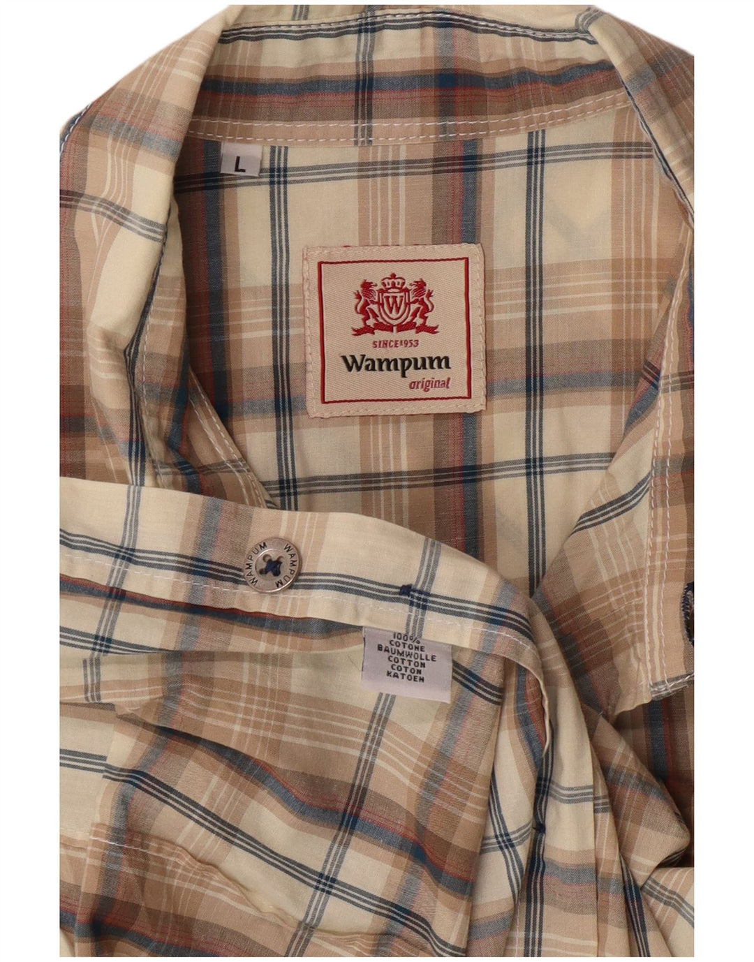 WAMPUM Mens Short Sleeve Shirt Large Brown Check Cotton