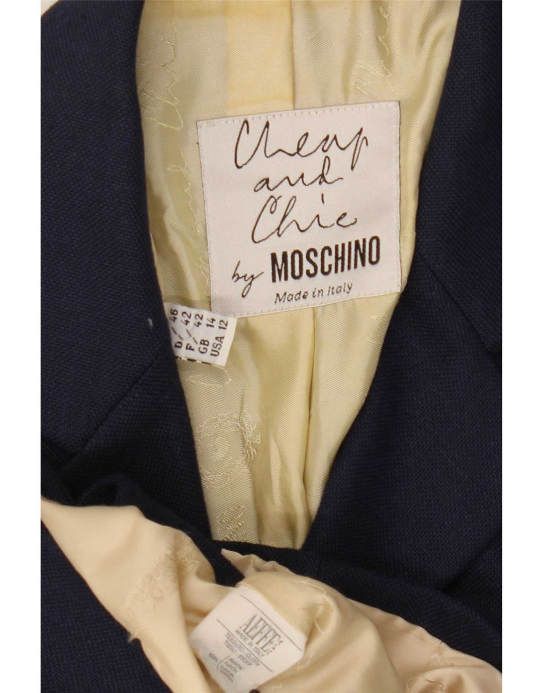 Giacca blazer a maniche corte a 3 bottoni da donna Moschino UK 14 grande blu navy