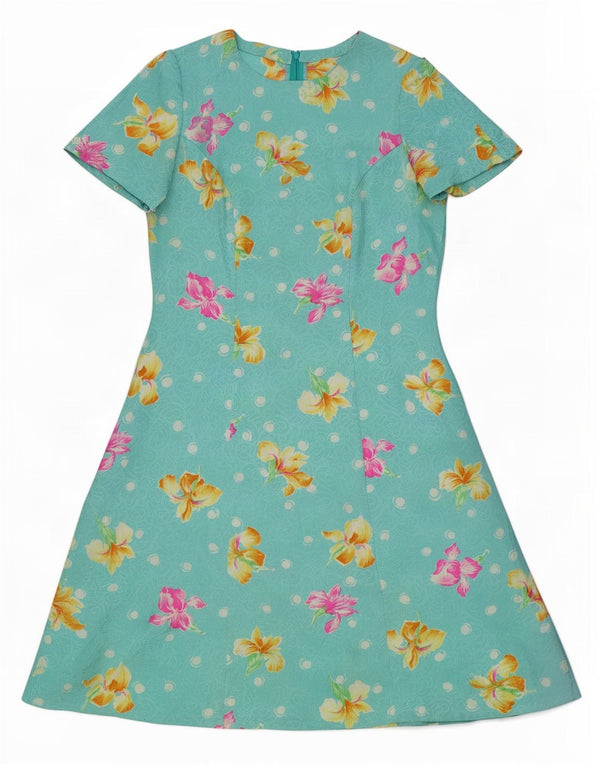 Abito a trapezio da donna vintage UK 12 medio turchese floreale