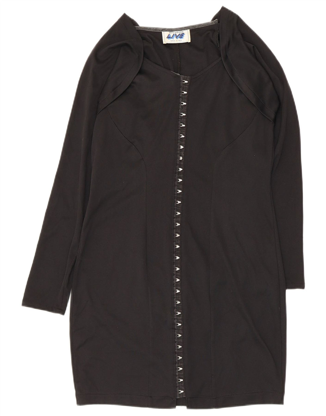 Abito tubino vintage a maniche lunghe da donna UK 14 grande poliestere nero