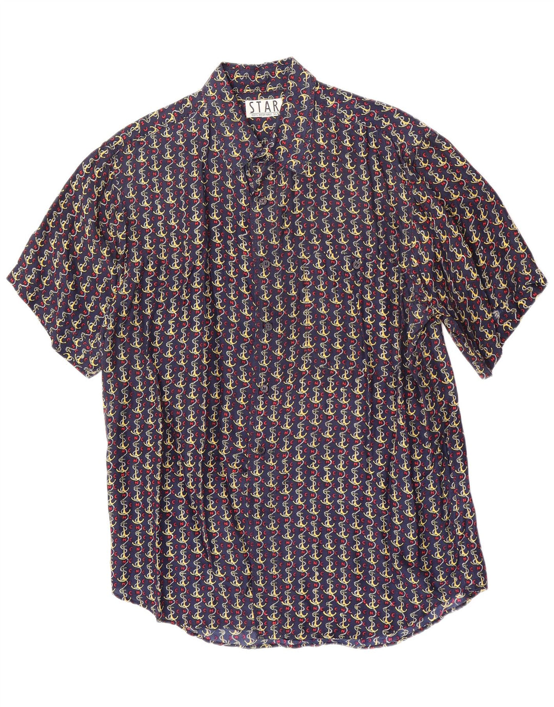 Camicia a maniche corte vintage da uomo con motivo astratto in seta blu navy media