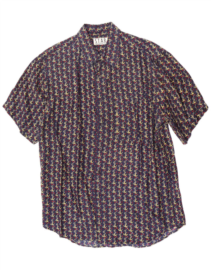 Camicia a maniche corte vintage da uomo con motivo astratto in seta blu navy media