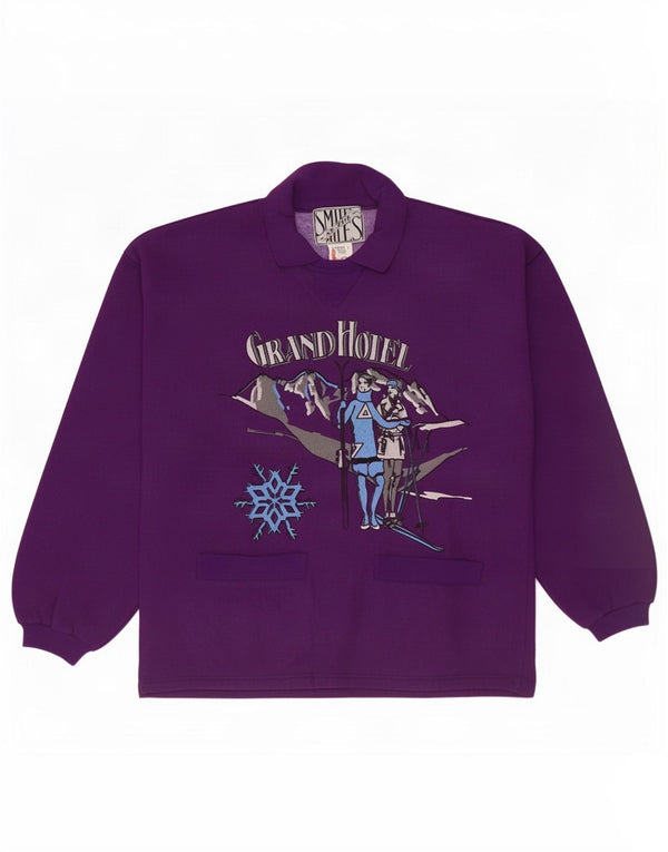 Felpa con collo alto con grafica vintage da uomo, maglione grande, cotone viola