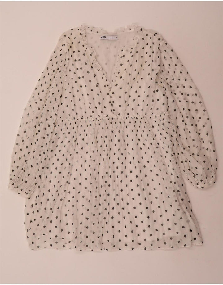 Abito a trapezio a maniche lunghe da donna ZARA UK 14 Poliestere maculato bianco medio