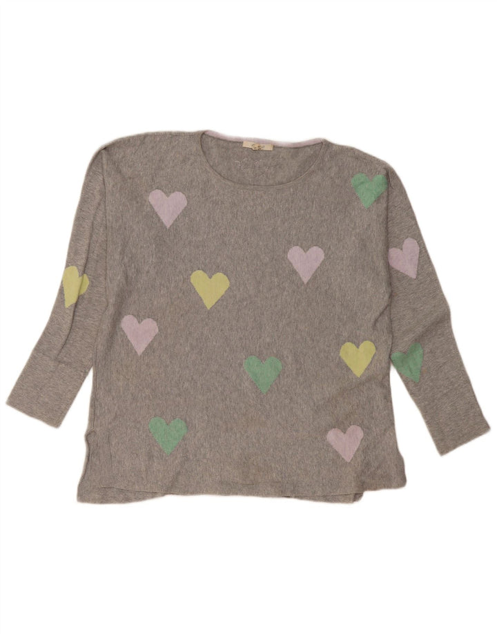 WHITE STUFF Maglione da donna con scollo a barca UK 14 Grande cuore di cotone grigio