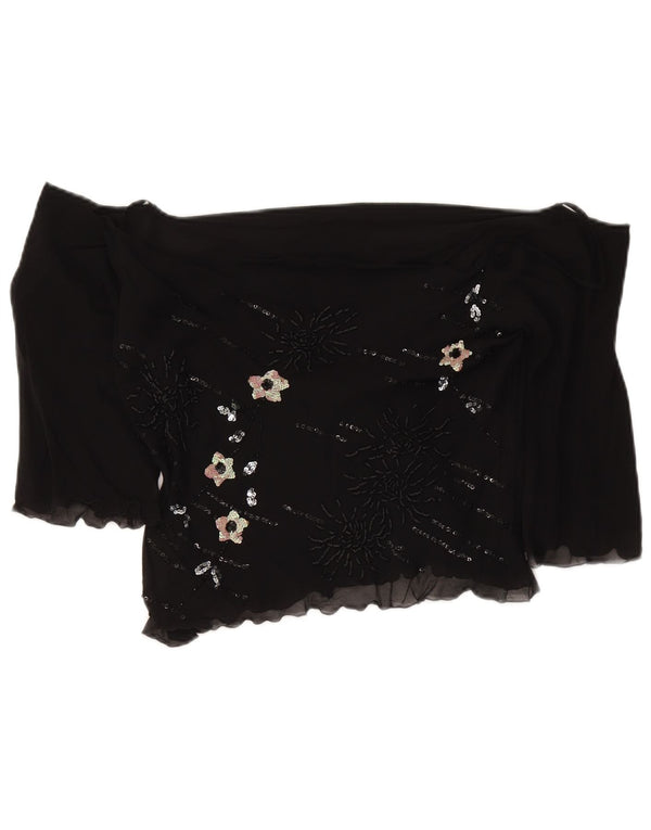Top corto da donna vintage con spalle scoperte e maniche a 3/4 UK 18 XL seta floreale nera