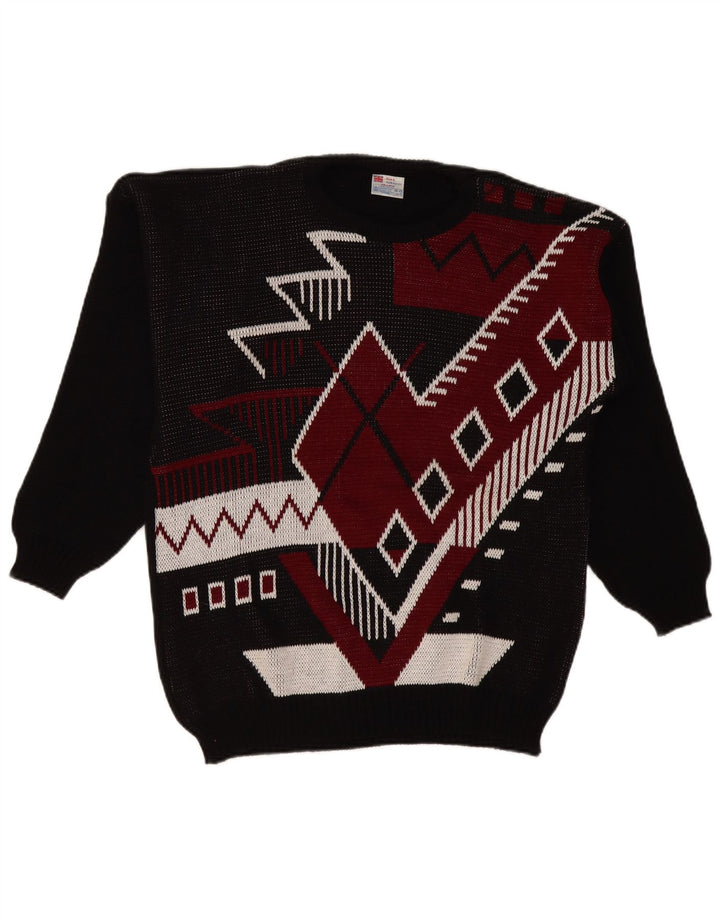 Maglione maglione girocollo da uomo vintage grande acrilico geometrico nero