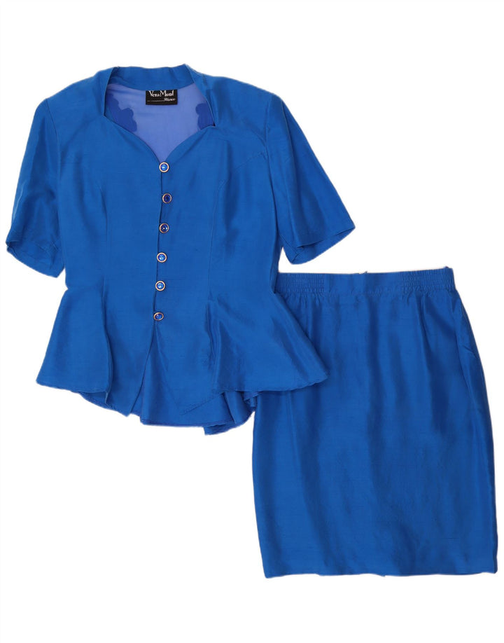 Vera Mont Donna Completo Gonna 2 Pezzi con 6 Bottoni UK 14 Medio W28 Seta Blu