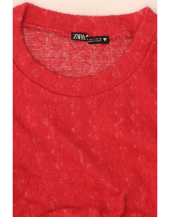 Zara Donna Top corto con volant sul davanti manica lunga UK 8 Small Rosso