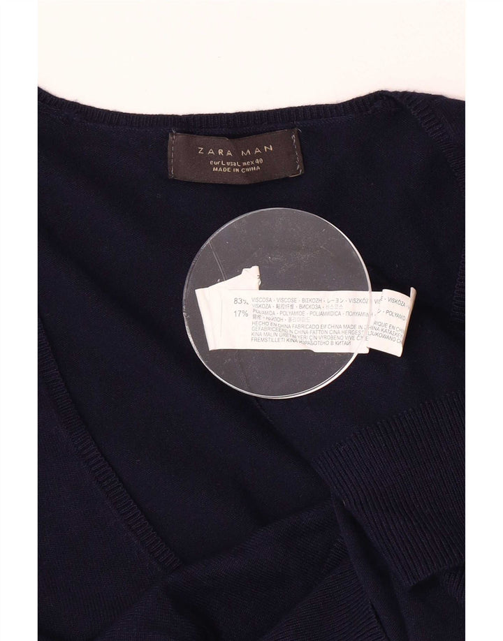 Maglione Zara da uomo con scollo a V grande in viscosa blu navy