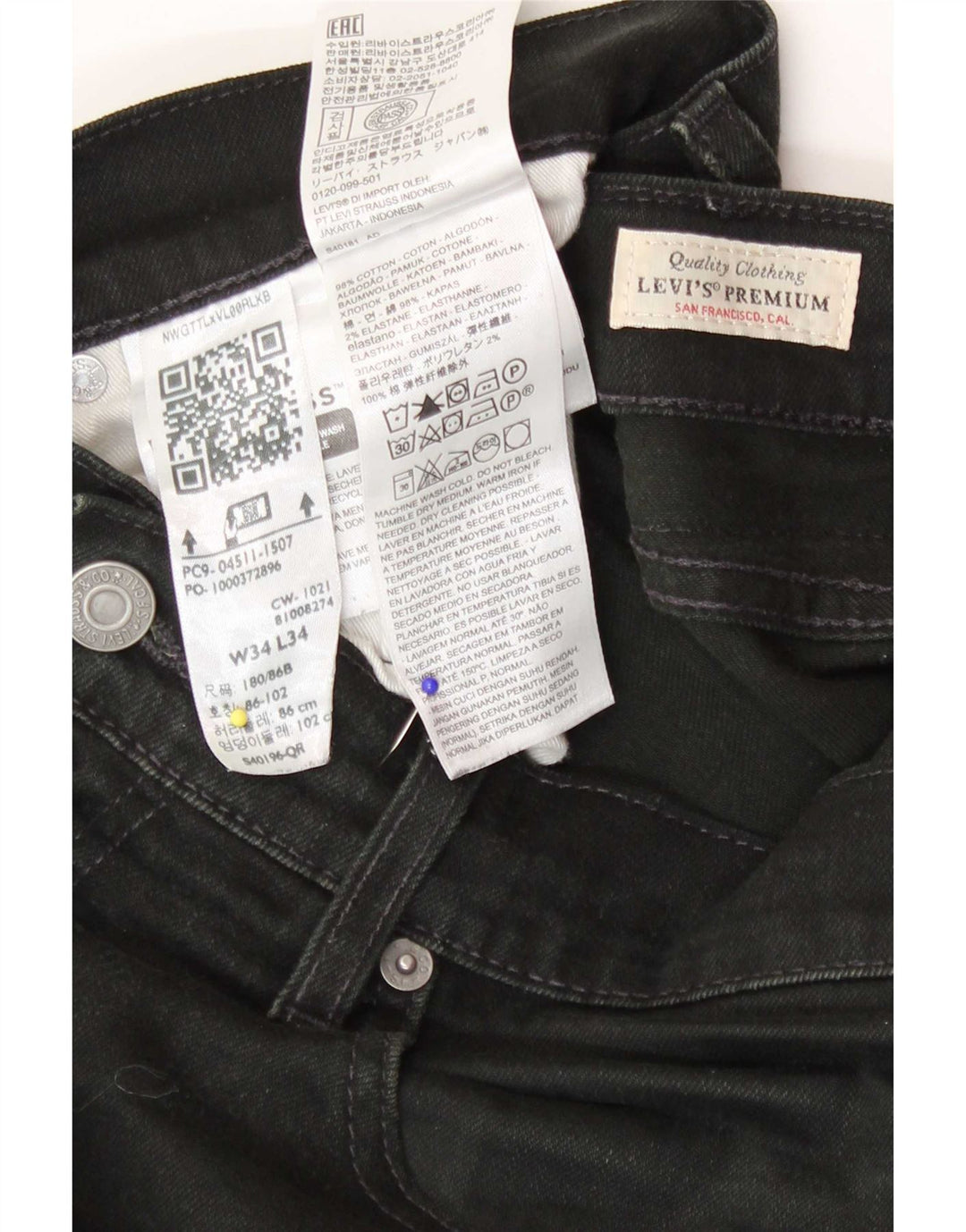 Jeans slim da uomo Levi's W34 L34 cotone nero