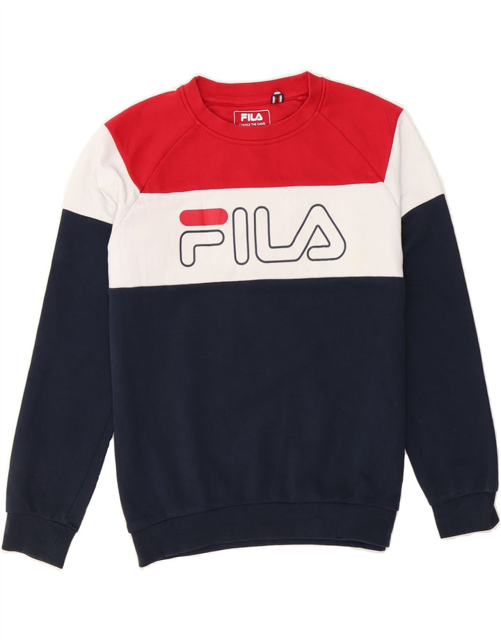 FILA Boys Graphic Sweatshirt Jumper 11-12 Years Navy Blue Colourblock Vintage Fila and Second-Hand Fila from Messina Hembry 