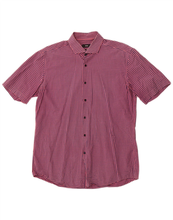 Hugo Boss Camicia da uomo a maniche corte slim fit grande a quadretti rosa