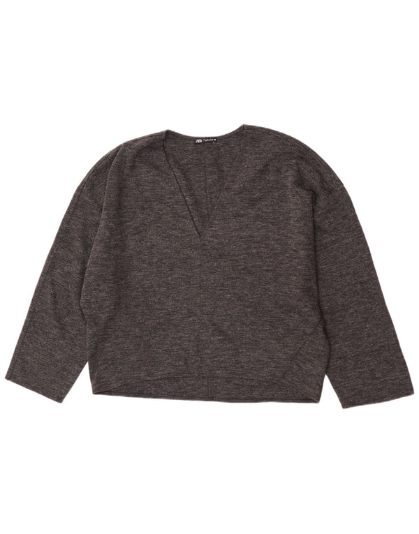Maglione Zara da donna con scollo a V e maniche a 3/4 UK 16 grande grigio screziato