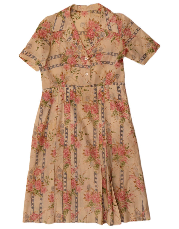 Abito a trapezio da donna vintage UK 12 floreale beige medio