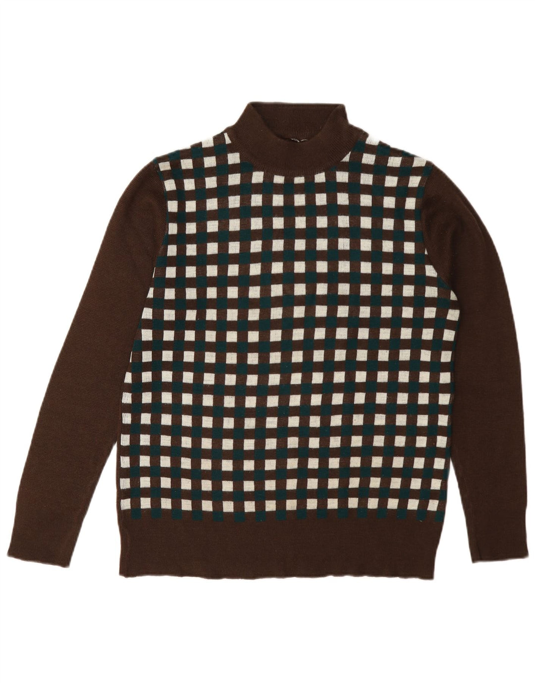 Maglione vintage da donna con collo dolcevita UK 12 Marrone medio geometrico