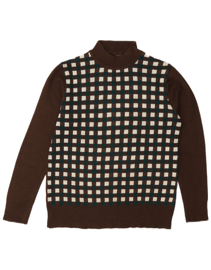 Maglione vintage da donna con collo dolcevita UK 12 Marrone medio geometrico