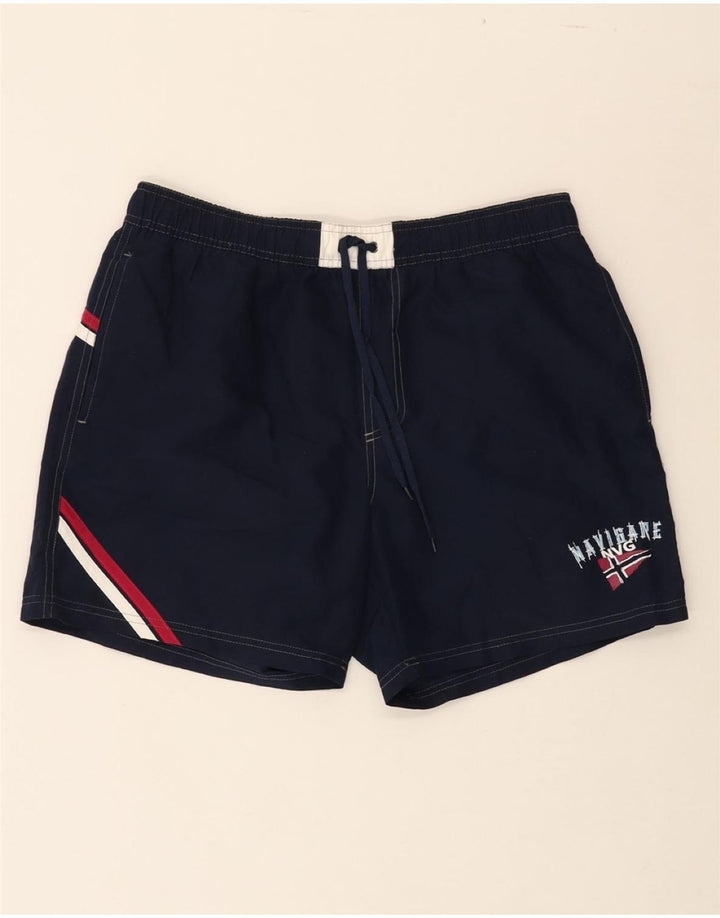 NAVIGARE Mens Graphic Swimming Shorts Large  Navy Blue Striped Polyester Vintage Navigare and Second-Hand Navigare from Messina Hembry 