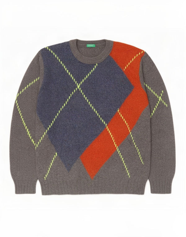 Maglione da uomo girocollo Benetton maglione grande in lana color block grigio