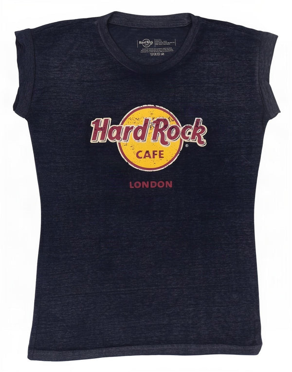 Hard Rock Cafe Womens London Graphic T-Shirt Top UK 6 XS Navy Blue Flecked