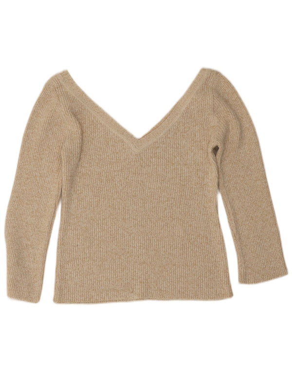 Maglione corto con scollo a V e maniche a 3/4 da donna Zara UK 14 Large Beige screziato