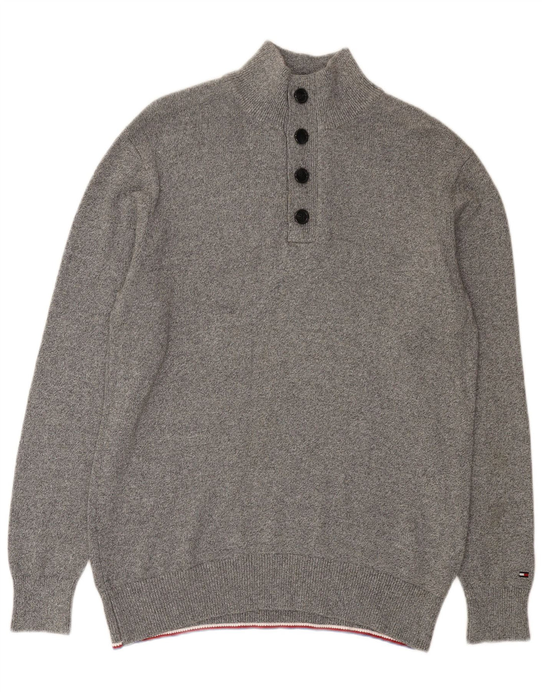 Tommy Hilfiger Maglione da uomo con collo abbottonato XL in cotone chiazzato grigio