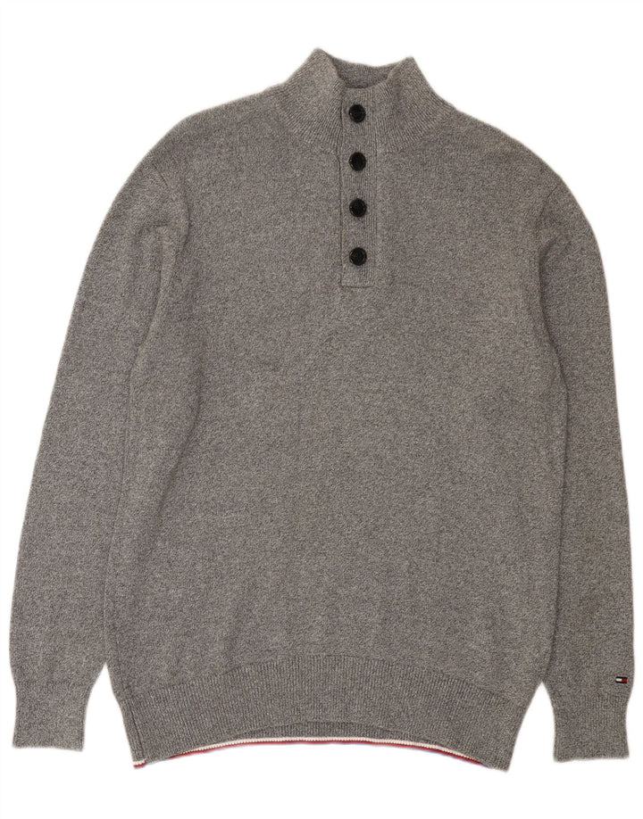 Tommy Hilfiger Maglione da uomo con collo abbottonato XL in cotone chiazzato grigio