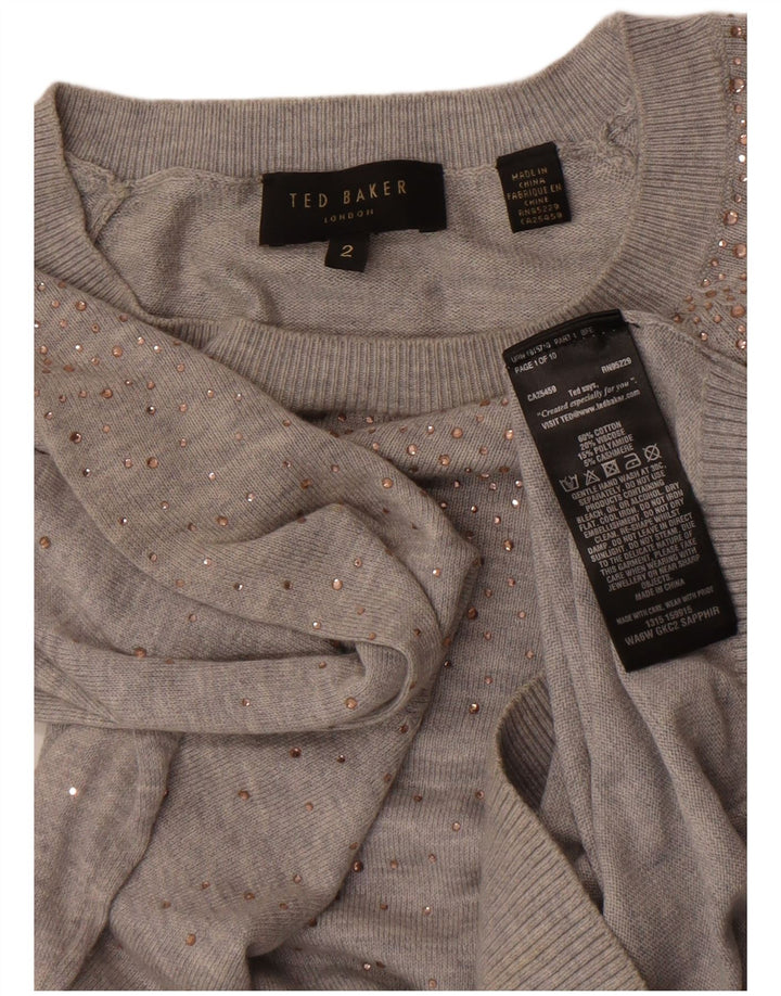 Maglione da donna con scollo a barca Ted Baker taglia 2 piccolo cotone chiazzato grigio