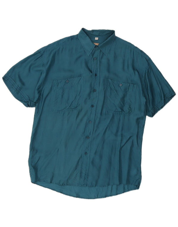 Camicia vintage da uomo a maniche corte taglia 41/42 16 1/2 grande seta blu