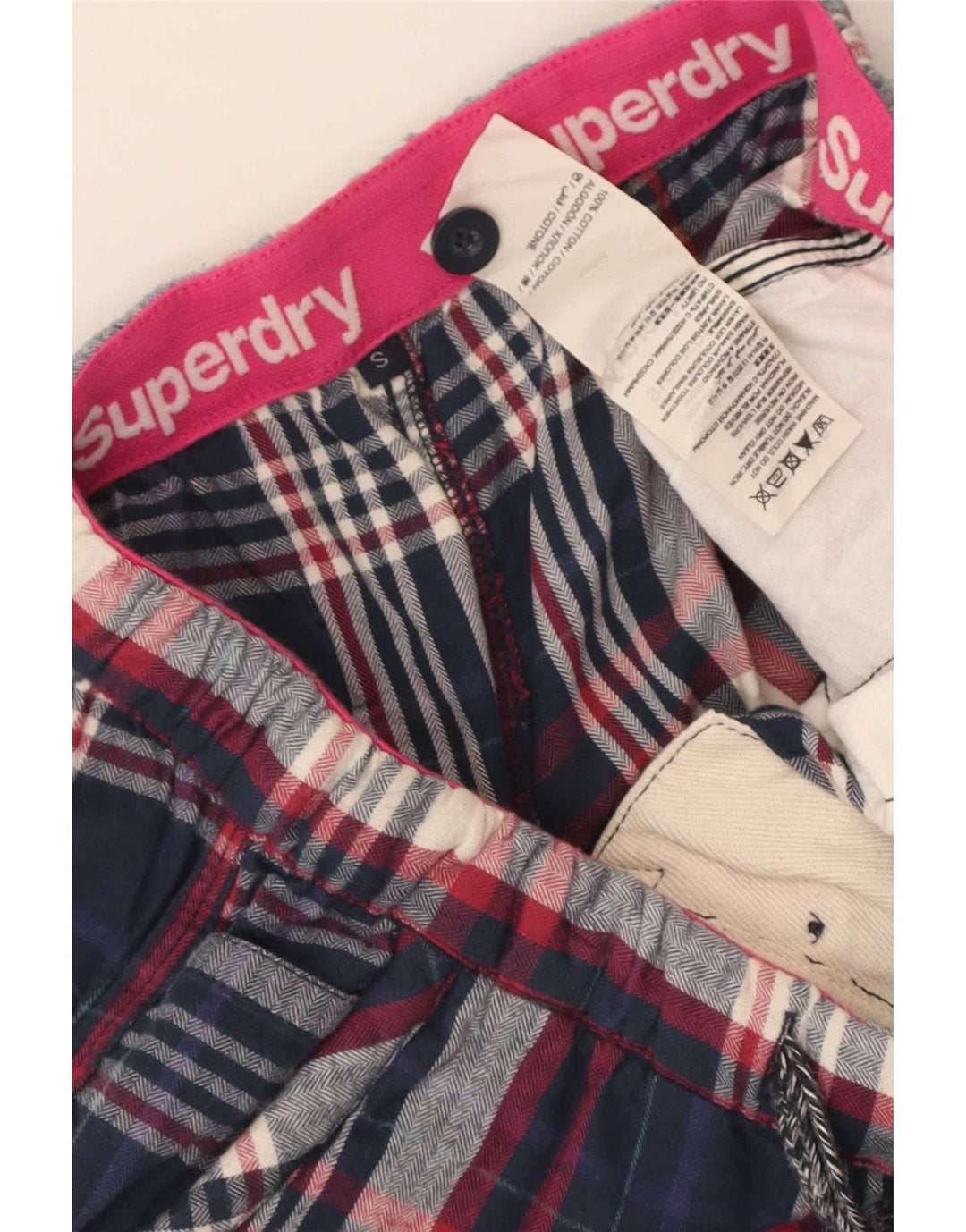 Pantaloni caldi da donna Superdry piccoli W28 in cotone scozzese blu navy