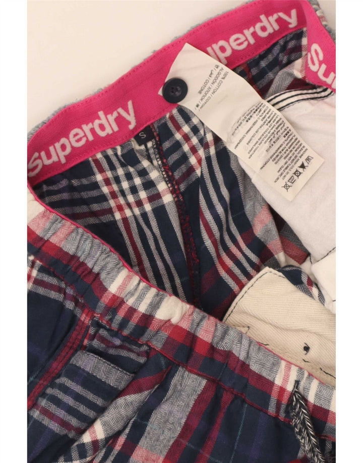 Pantaloni caldi da donna Superdry piccoli W28 in cotone scozzese blu navy