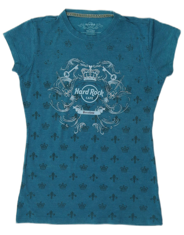 T-shirt grafica da donna Hard Rock Cafe Barcelona Top UK 10 piccola in cotone blu