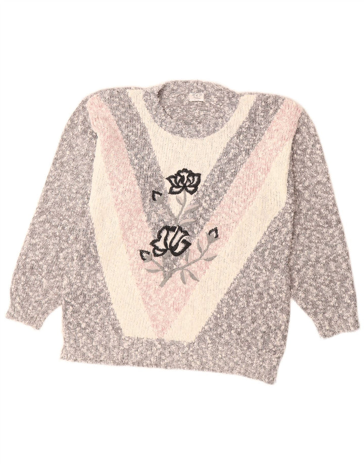 Maglione maglione girocollo da donna VINTAGE UK 14 Blocco colore grigio medio