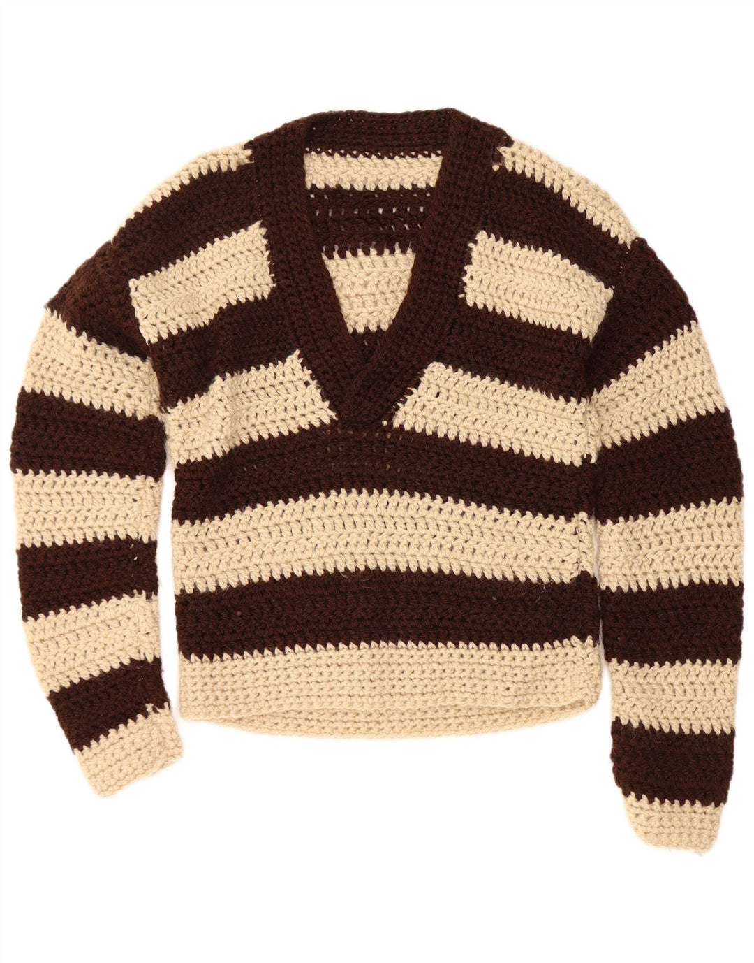 Maglione vintage da donna con scollo a V UK 12 a righe marrone medio